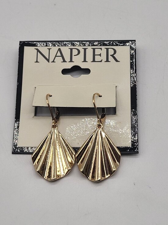 Napier Jewelry - Napier Gold Tone Wavy Shell Fan Dangle Drop Earrings Boho Retro Classic